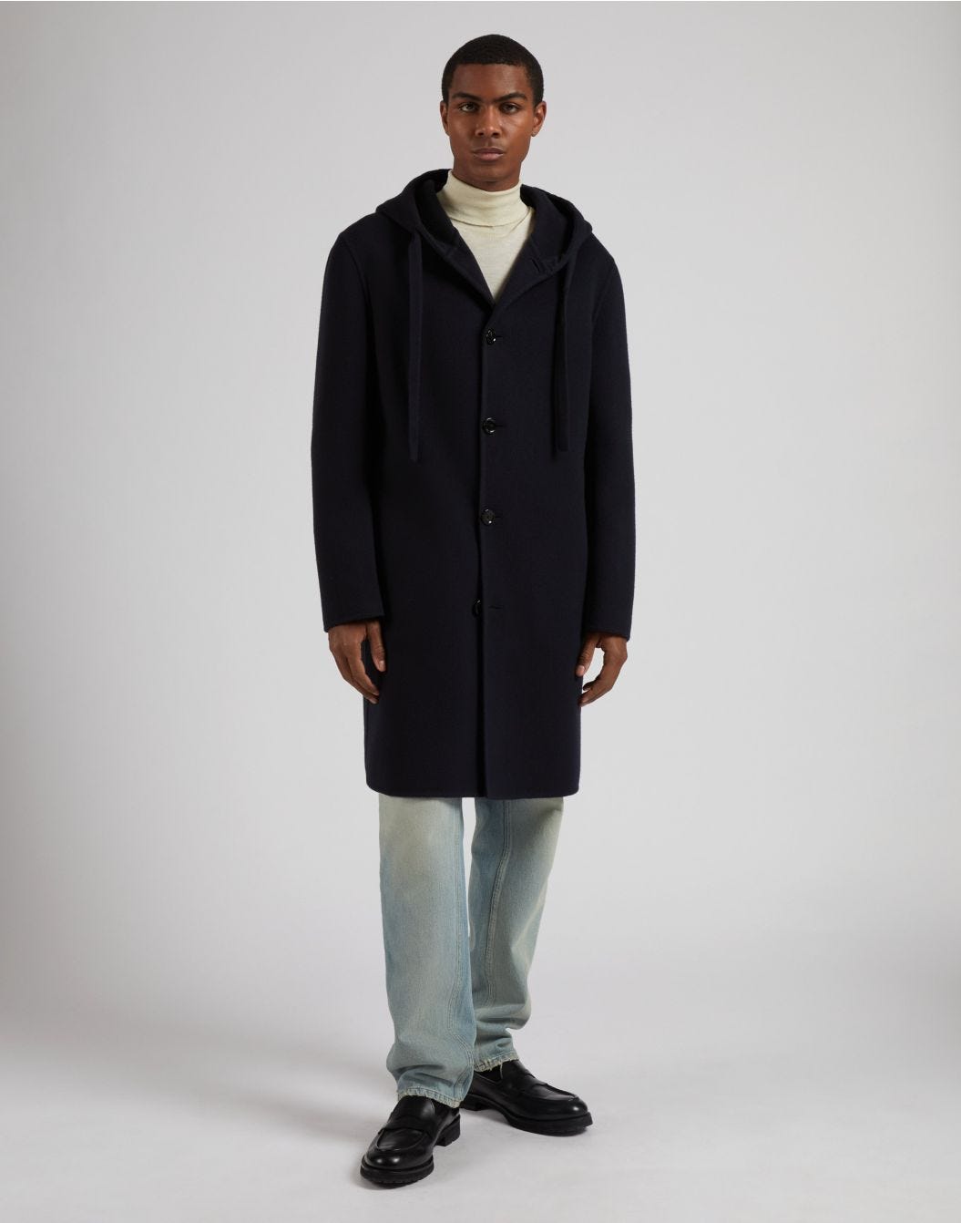 Lardini Cappotto monopetto blu in lana con cappuccio e coulisse Nuovo