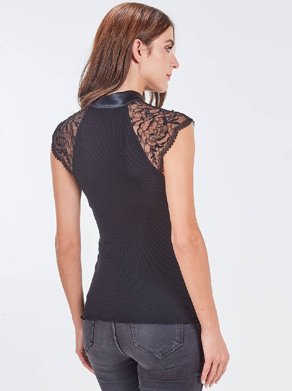 Oscalito Top smanicato con collo alla coreana in raso di pizzo chantilly 5866 Negozi Online