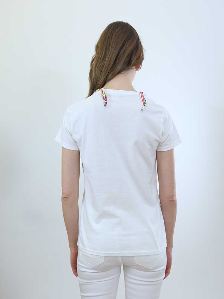 Tricot à Porter T-SHIRT APPLICAZIONE CROCHET E FRANGIA Nuova